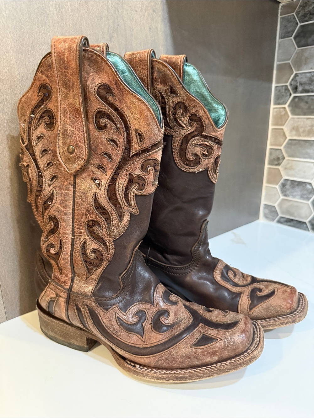 CORRAL Sequin Inlay “Vintage” Brown Square-Toe Boots